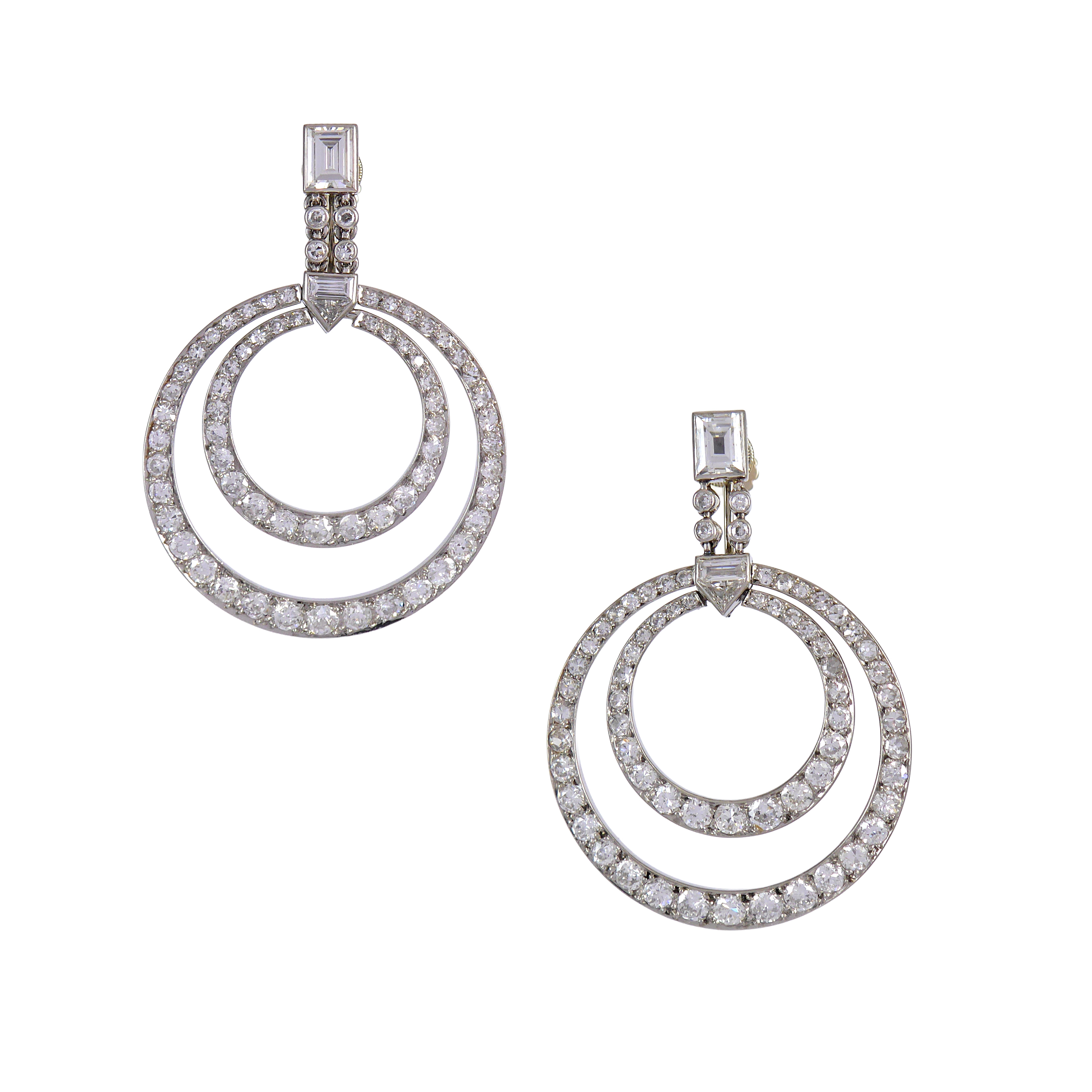 Pair of Art Deco double diamond hoop pendant earrings by Marchak, Paris c.1930,